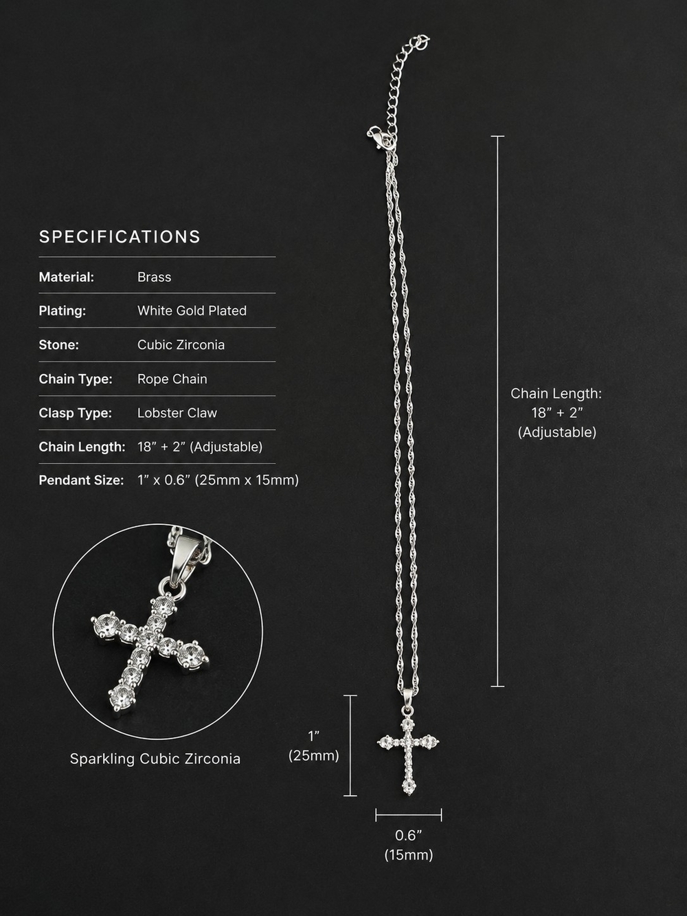 Silver Cross Pendant Necklace with Sparkling Accent - Silver - Picture 4 of 5